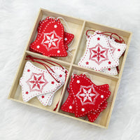 HKM-216275 Wooden Christmas Pendant Decorations - Set of 5 Rustic Holiday Ornaments in Red and White - European Style Decor
