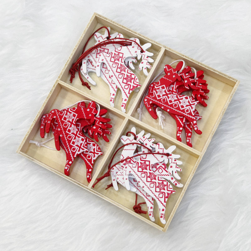 HKM-216275 Wooden Christmas Pendant Decorations - Set of 5 Rustic Holiday Ornaments in Red and White - European Style Decor
