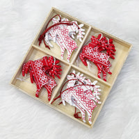 HKM-216275 Wooden Christmas Pendant Decorations - Set of 5 Rustic Holiday Ornaments in Red and White - European Style Decor