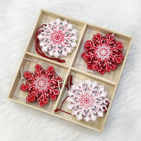 HKM-216275 Wooden Christmas Pendant Decorations - Set of 5 Rustic Holiday Ornaments in Red and White - European Style Decor