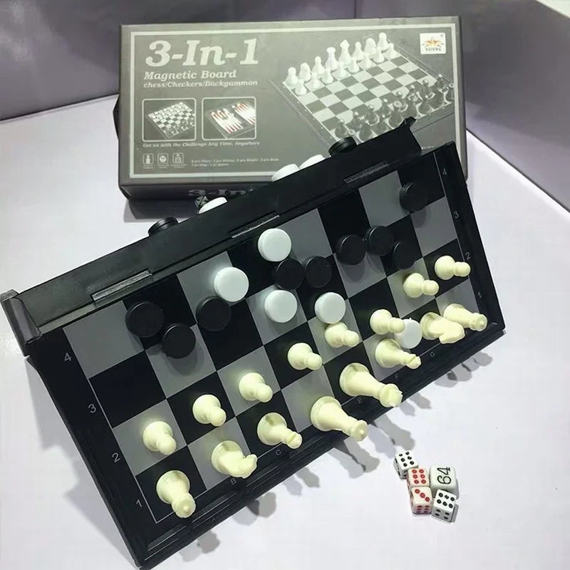 HKM-216403 3-in-1 Magnetic Chess, Checkers & Backgammon Travel Game Set with Folding Board