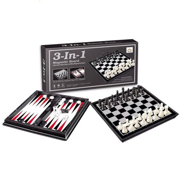HKM-216403 3-in-1 Magnetic Chess, Checkers & Backgammon Travel Game Set with Folding Board