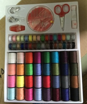 HKM-216659 Sewing Machine Thread Set with Scissors, Ruler, and Sewing Box - 64 Colorful Rolls