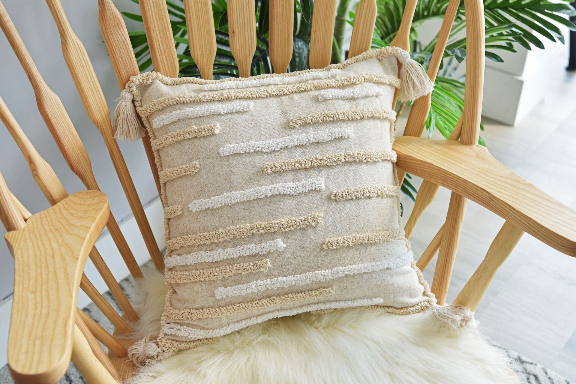 HKM-217043 Tufted and Looped Cotton Pillowcases – Fringed Long Waist Cushion Covers in Multiple Sizes