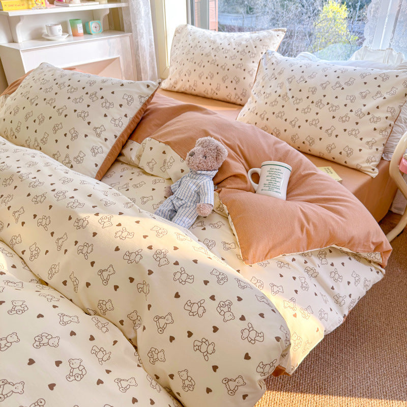 KTX-217619 Cotton Quilt Cover Set with Plant and Flower Pattern - Small Size (Duvet Cover, Bedsheet, Pillowcase)