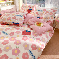 HKM-217619 Cotton Quilt Cover Set with Plant and Flower Pattern - Small Size (Duvet Cover, Bedsheet, Pillowcase)