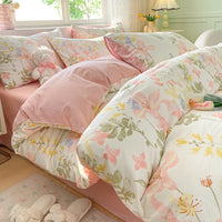 HKM-217619 Cotton Quilt Cover Set with Plant and Flower Pattern - Small Size (Duvet Cover, Bedsheet, Pillowcase)