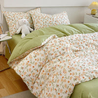 HKM-217619 Cotton Quilt Cover Set with Plant and Flower Pattern - Small Size (Duvet Cover, Bedsheet, Pillowcase)