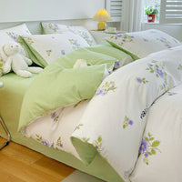 HKM-217619 Cotton Quilt Cover Set with Plant and Flower Pattern - Small Size (Duvet Cover, Bedsheet, Pillowcase)
