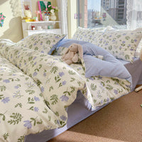 HKM-217619 Cotton Quilt Cover Set with Plant and Flower Pattern - Small Size (Duvet Cover, Bedsheet, Pillowcase)