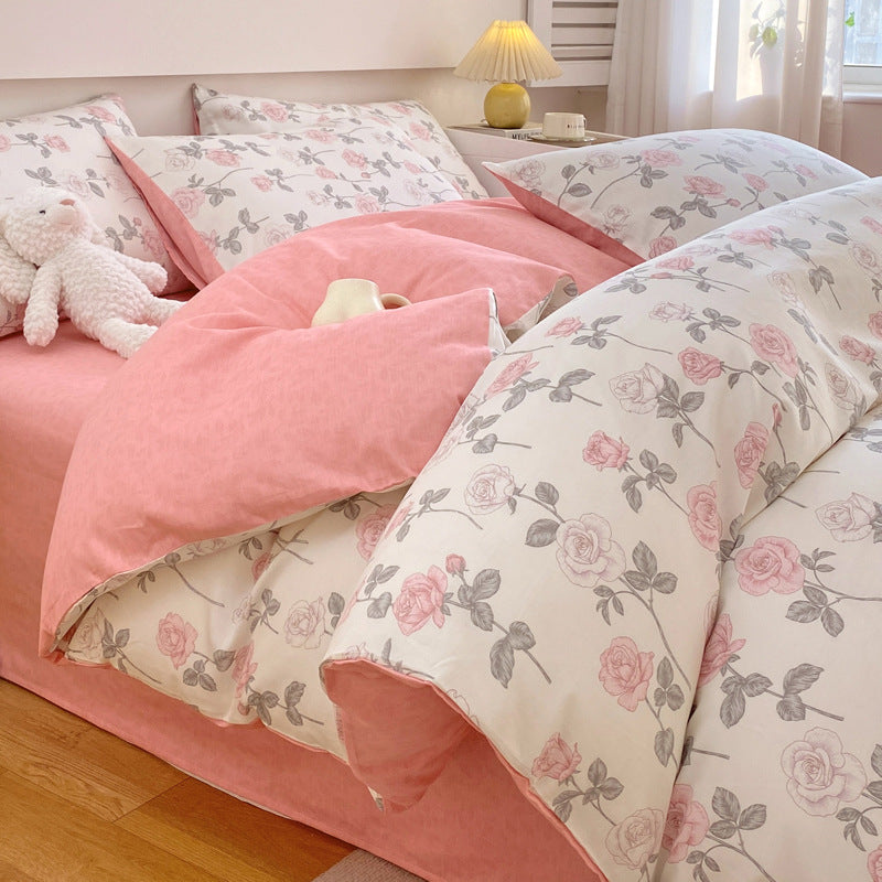 KTX-217619 Cotton Quilt Cover Set with Plant and Flower Pattern - Small Size (Duvet Cover, Bedsheet, Pillowcase)