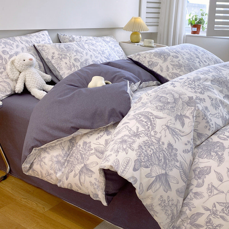 KTX-217619 Cotton Quilt Cover Set with Plant and Flower Pattern - Small Size (Duvet Cover, Bedsheet, Pillowcase)