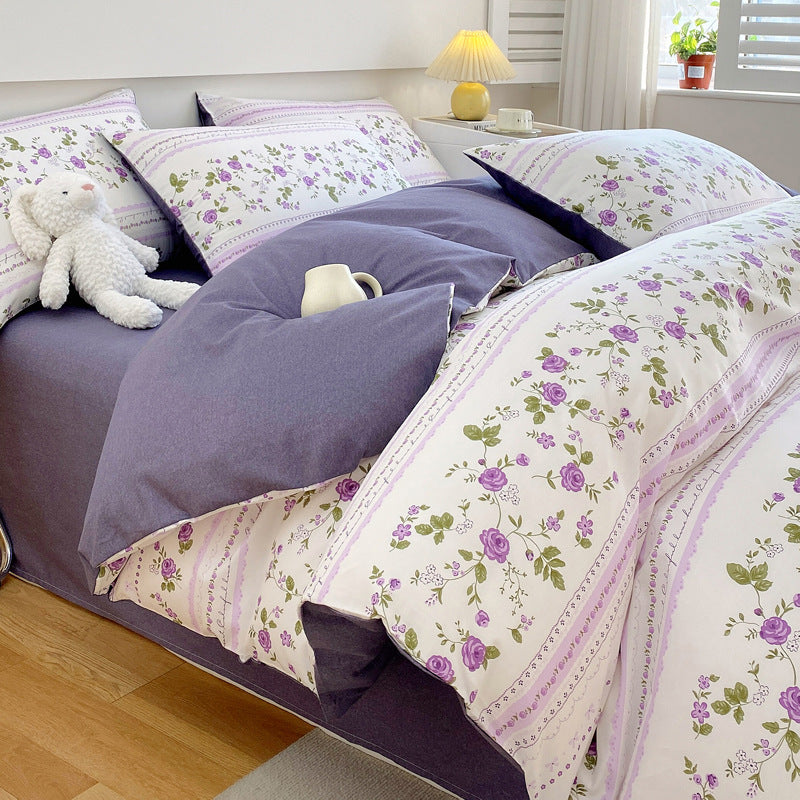 KTX-217619 Cotton Quilt Cover Set with Plant and Flower Pattern - Small Size (Duvet Cover, Bedsheet, Pillowcase)