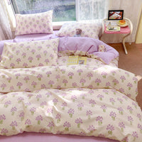 HKM-217619 Cotton Quilt Cover Set with Plant and Flower Pattern - Small Size (Duvet Cover, Bedsheet, Pillowcase)