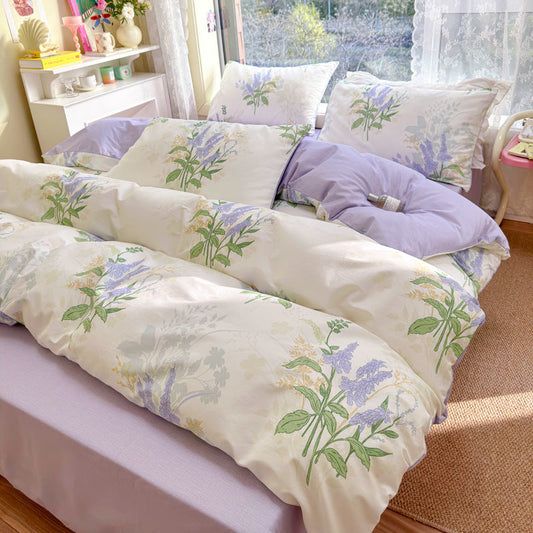 KTX-217619 Cotton Quilt Cover Set with Plant and Flower Pattern - Small Size (Duvet Cover, Bedsheet, Pillowcase)
