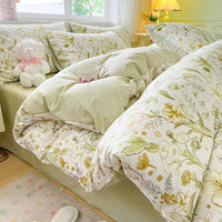 HKM-217619 Cotton Quilt Cover Set with Plant and Flower Pattern - Small Size (Duvet Cover, Bedsheet, Pillowcase)
