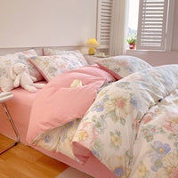 HKM-217619 Cotton Quilt Cover Set with Plant and Flower Pattern - Small Size (Duvet Cover, Bedsheet, Pillowcase)