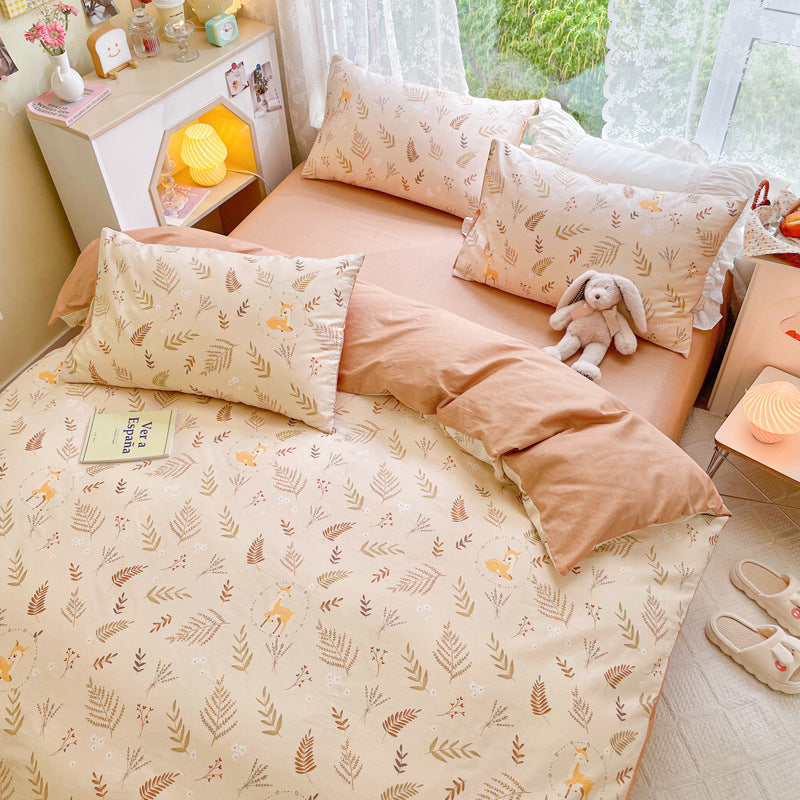 KTX-217619 Cotton Quilt Cover Set with Plant and Flower Pattern - Small Size (Duvet Cover, Bedsheet, Pillowcase)