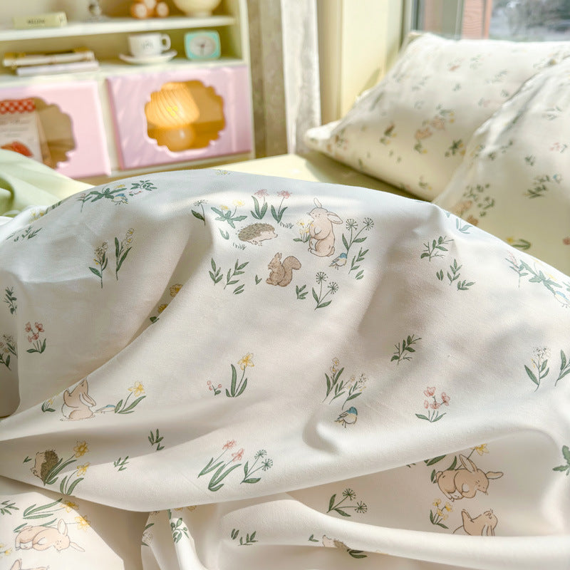KTX-217619 Cotton Quilt Cover Set with Plant and Flower Pattern - Small Size (Duvet Cover, Bedsheet, Pillowcase)