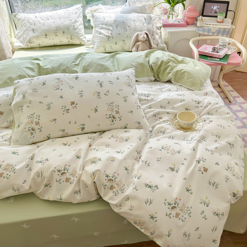 KTX-217619 Cotton Quilt Cover Set with Plant and Flower Pattern - Small Size (Duvet Cover, Bedsheet, Pillowcase)