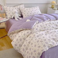 HKM-217619 Cotton Quilt Cover Set with Plant and Flower Pattern - Small Size (Duvet Cover, Bedsheet, Pillowcase)