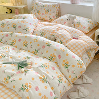 HKM-217619 Cotton Quilt Cover Set with Plant and Flower Pattern - Small Size (Duvet Cover, Bedsheet, Pillowcase)