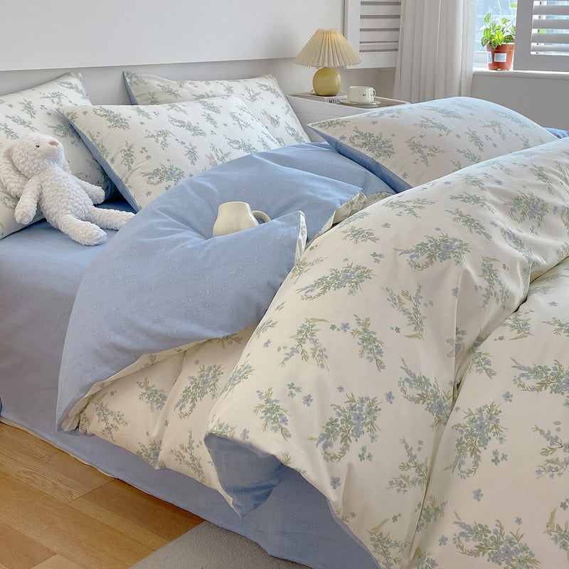 KTX-217619 Cotton Quilt Cover Set with Plant and Flower Pattern - Small Size (Duvet Cover, Bedsheet, Pillowcase)