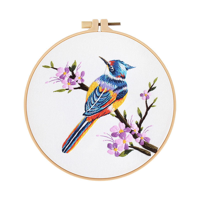 KTX-217811 Flower and Bird Hanging Embroidery DIY Kit with Scissors, Threader, and Frame