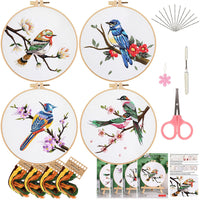 HKM-217811 Flower and Bird Hanging Embroidery DIY Kit with Scissors, Threader, and Frame