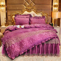 HKM-219283 Lace Velvet Bed Skirt Set with Quilted Cover and Pillowcases in Various Colors