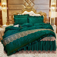 HKM-219283 Lace Velvet Bed Skirt Set with Quilted Cover and Pillowcases in Various Colors