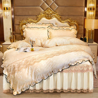 HKM-219283 Lace Velvet Bed Skirt Set with Quilted Cover and Pillowcases in Various Colors
