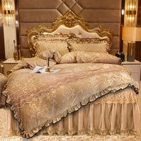 HKM-219283 Lace Velvet Bed Skirt Set with Quilted Cover and Pillowcases in Various Colors