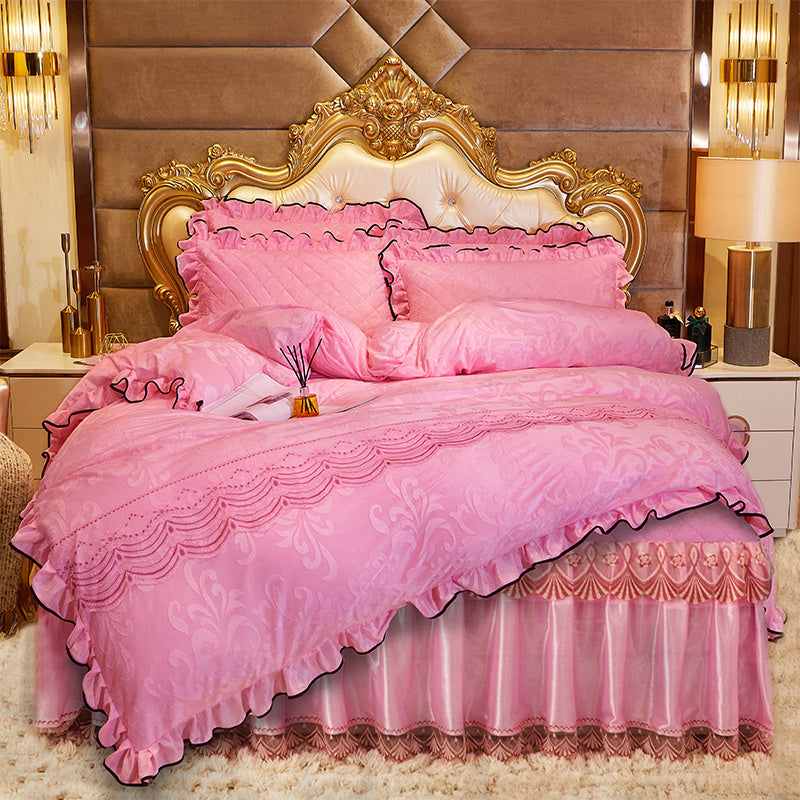 HKM-219283 Lace Velvet Bed Skirt Set with Quilted Cover and Pillowcases in Various Colors