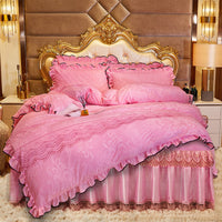 HKM-219283 Lace Velvet Bed Skirt Set with Quilted Cover and Pillowcases in Various Colors