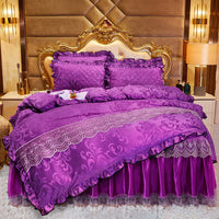 HKM-219283 Lace Velvet Bed Skirt Set with Quilted Cover and Pillowcases in Various Colors
