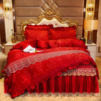 HKM-219283 Lace Velvet Bed Skirt Set with Quilted Cover and Pillowcases in Various Colors