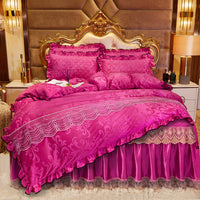 HKM-219283 Lace Velvet Bed Skirt Set with Quilted Cover and Pillowcases in Various Colors