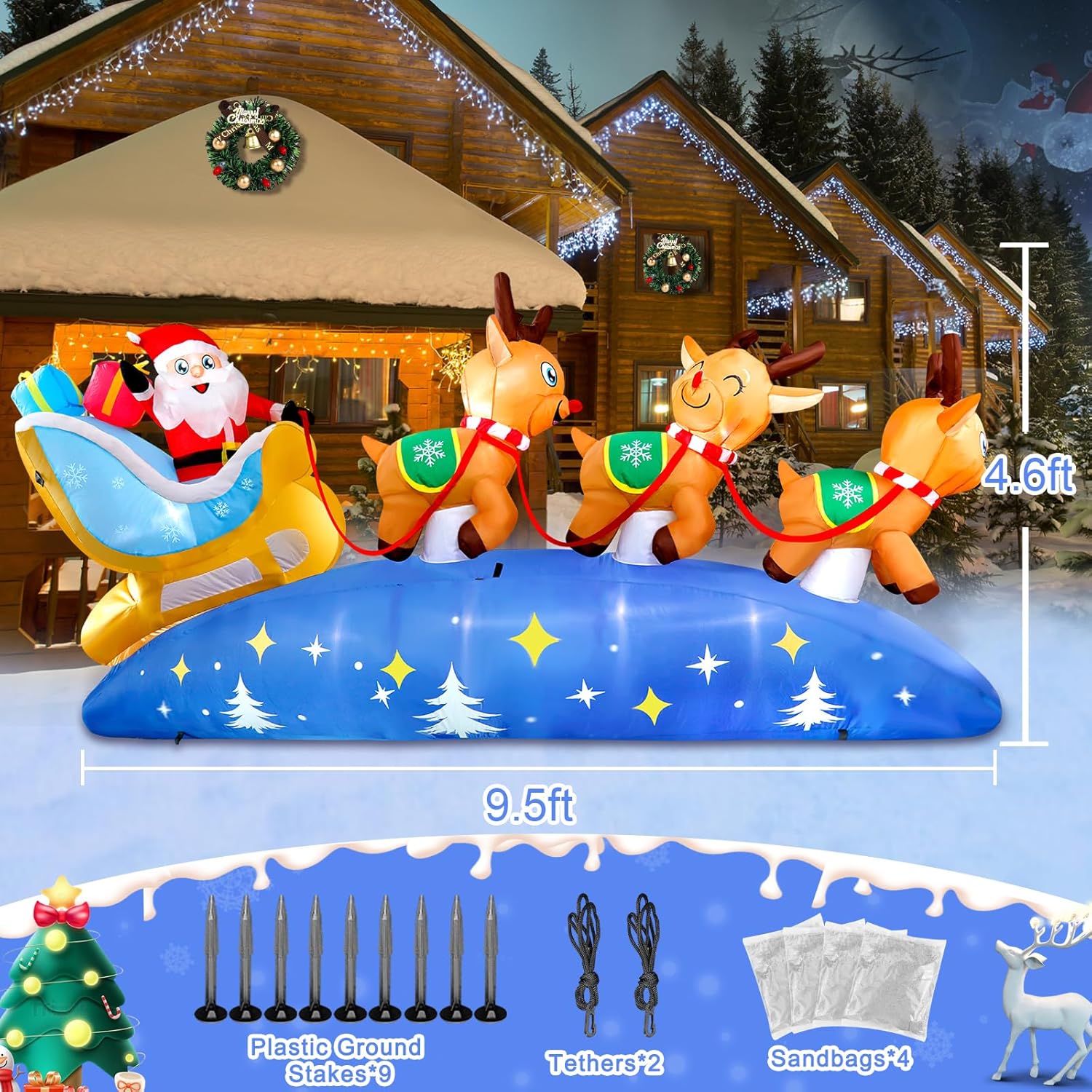 HKM-220307 9.5FT LED Christmas Inflatable with Santa and Reindeer for Outdoor Holiday Decoration