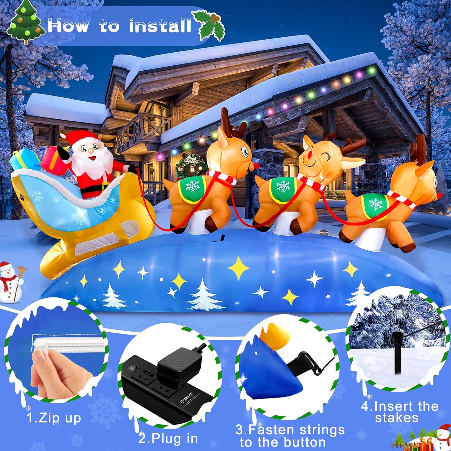 HKM-220307 9.5FT LED Christmas Inflatable with Santa and Reindeer for Outdoor Holiday Decoration