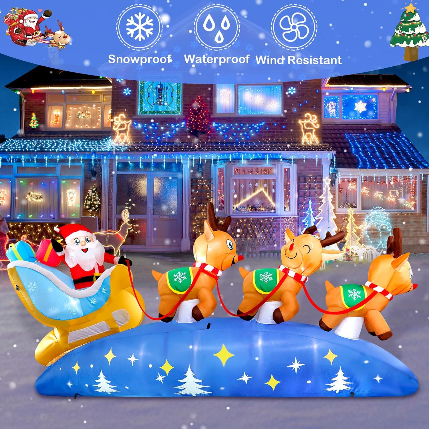 HKM-220307 9.5FT LED Christmas Inflatable with Santa and Reindeer for Outdoor Holiday Decoration
