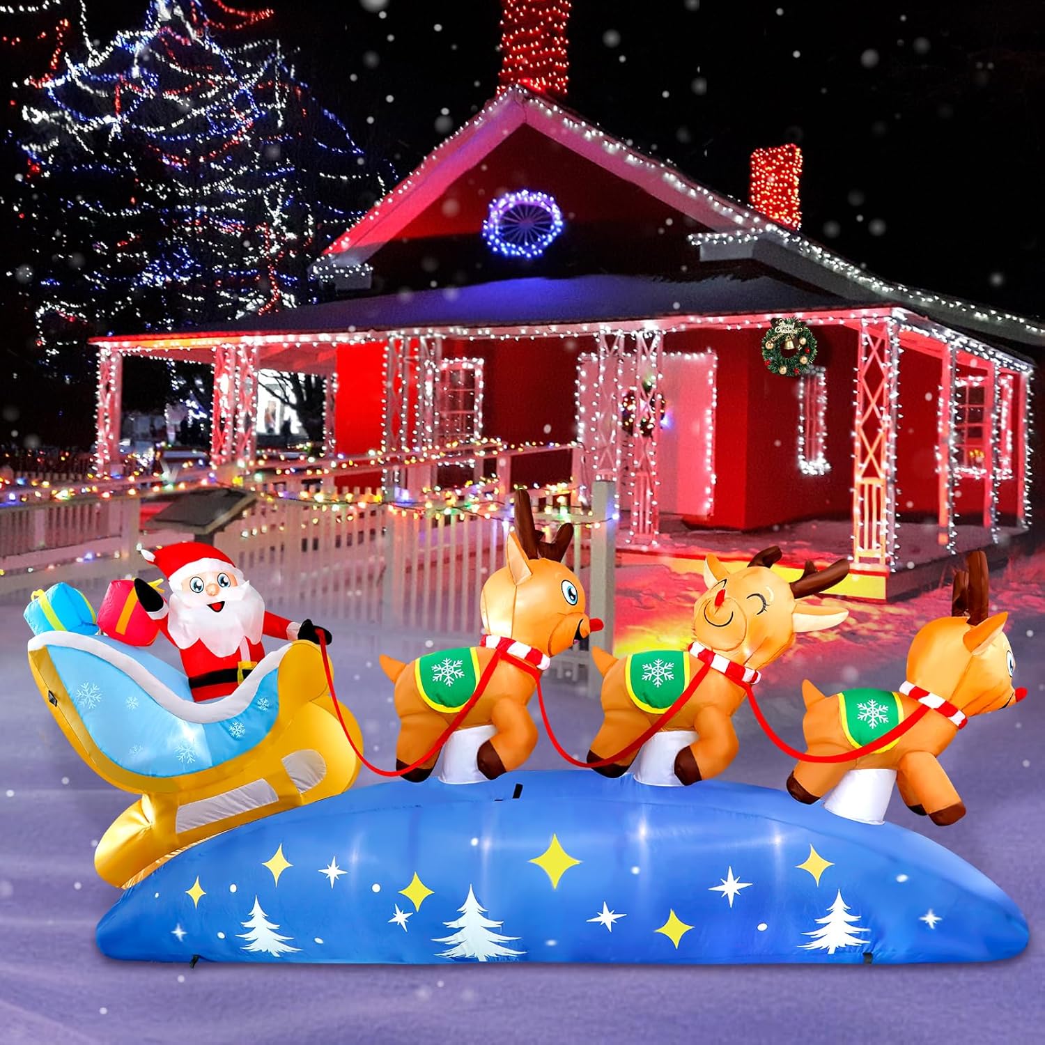 HKM-220307 9.5FT LED Christmas Inflatable with Santa and Reindeer for Outdoor Holiday Decoration
