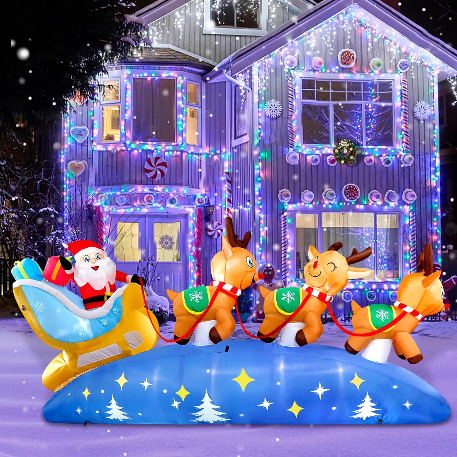 HKM-220307 9.5FT LED Christmas Inflatable with Santa and Reindeer for Outdoor Holiday Decoration