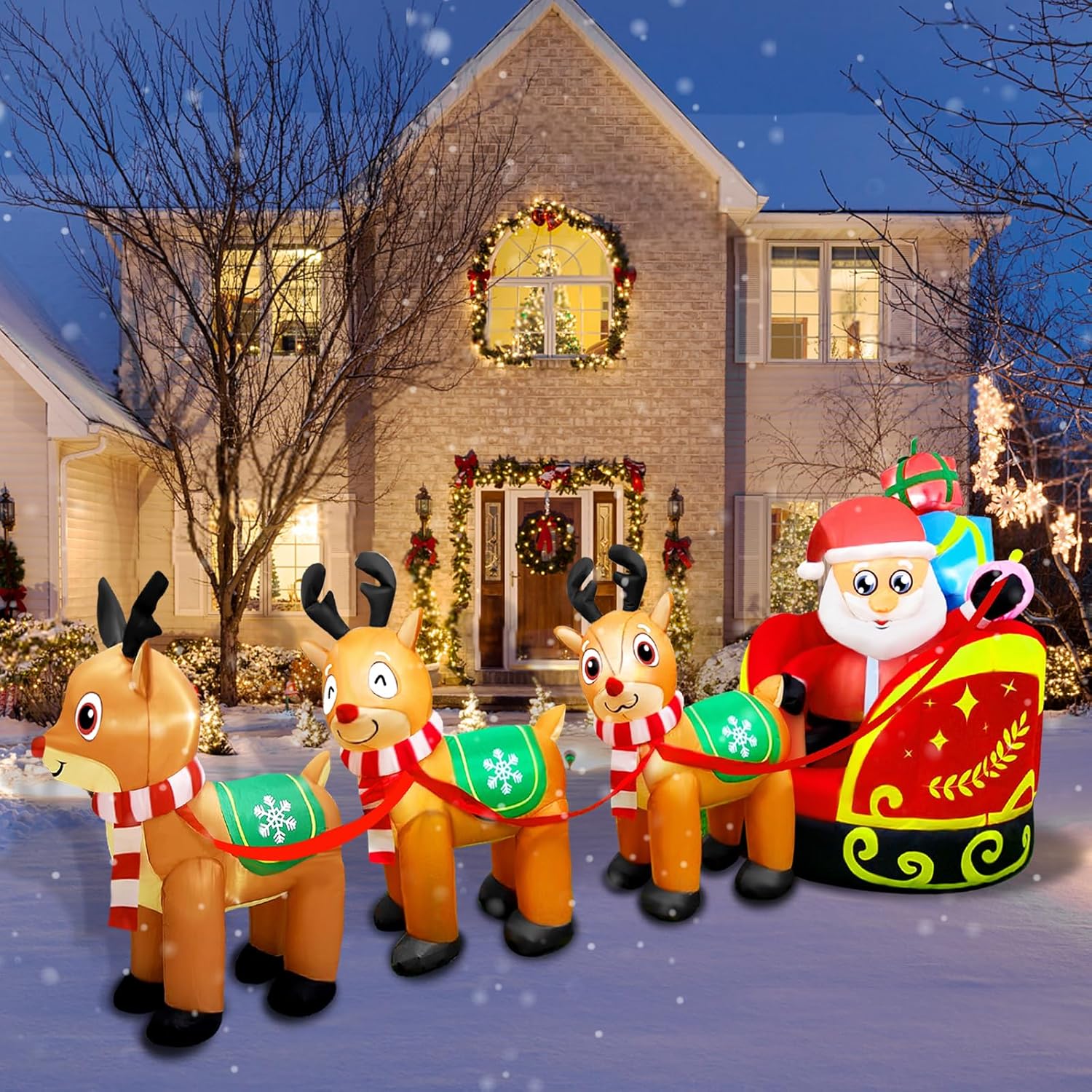 HKM-220307 9.5FT LED Christmas Inflatable with Santa and Reindeer for Outdoor Holiday Decoration