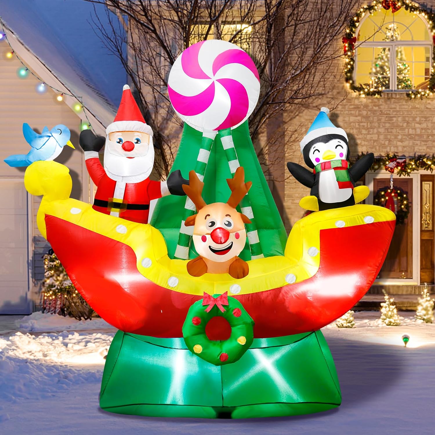 HKM-220307 9.5FT LED Christmas Inflatable with Santa and Reindeer for Outdoor Holiday Decoration