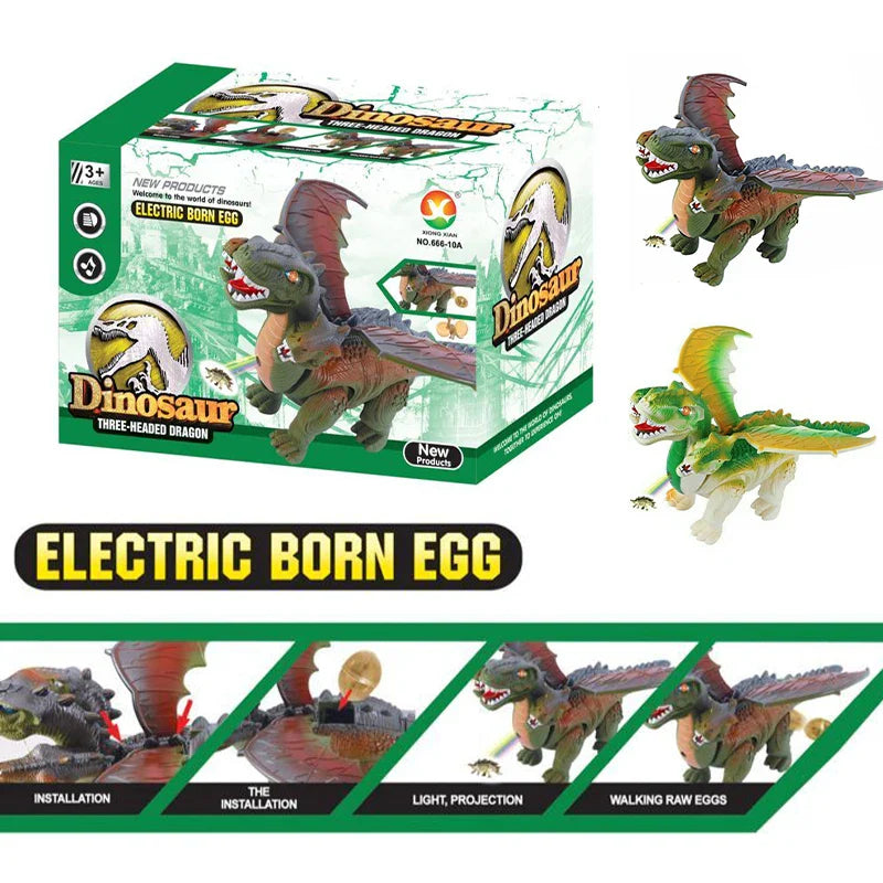 HKM-220371 Electric Walking Simulation Dinosaur Toy with Light Projection and Raw Egg for Children