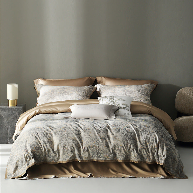 HKM-220435 American Retro Style Long-staple Cotton Jacquard Bedding Set - 4-Piece Floral Design for 1.5-2.0 M Beds