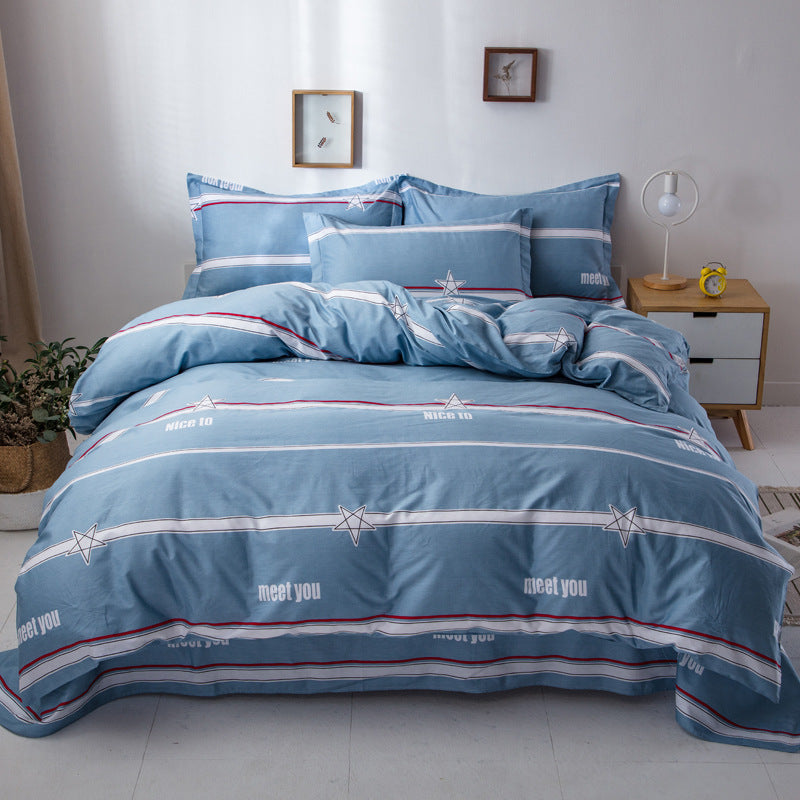 HKM-221267 Pure Cotton Four-Piece Bed Set with Quilt Cover, Pillowcase, and Sheet in Urban Stripe Design