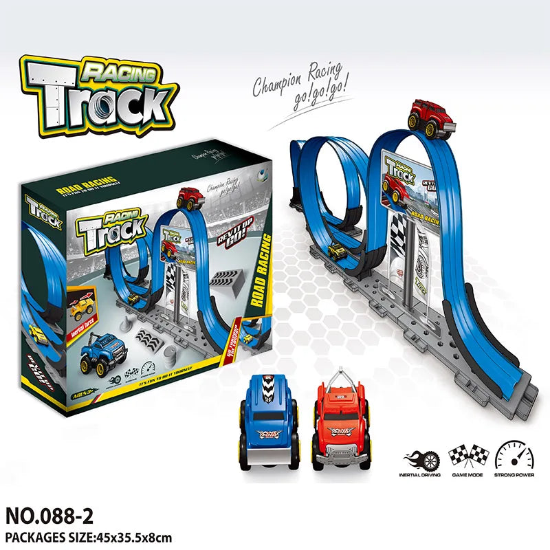 HKM-221523 Magnetic Inertia Racing Car Track Set for Kids - DIY Assembly Slot Toy with Roller Coaster Design