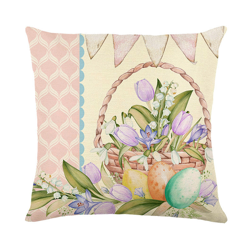 HKM-221971 Easter-Themed Floral Linen Pillowcase for Living Room Decoration, 45x45cm